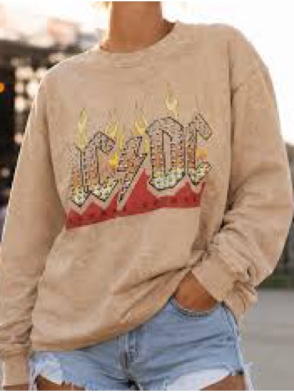 AC/DC Beige Crewneck  with Flame Graphic
